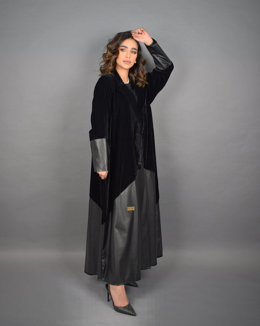 Leather & Velvet Black Abaya