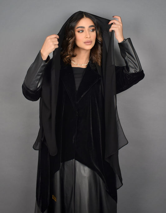 Leather & Velvet Black Abaya